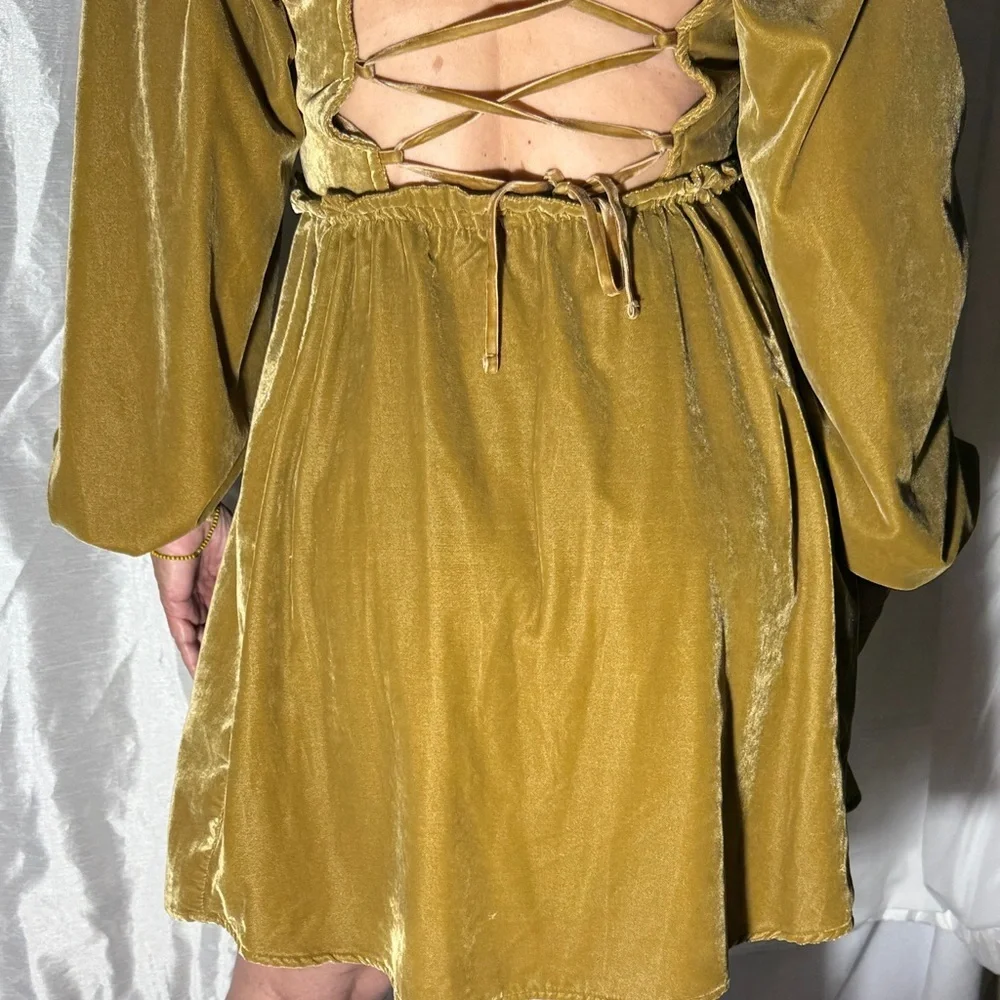 Free People Gold Velvet Off-Shoulder Lace-Up Back Mini Dress Size S